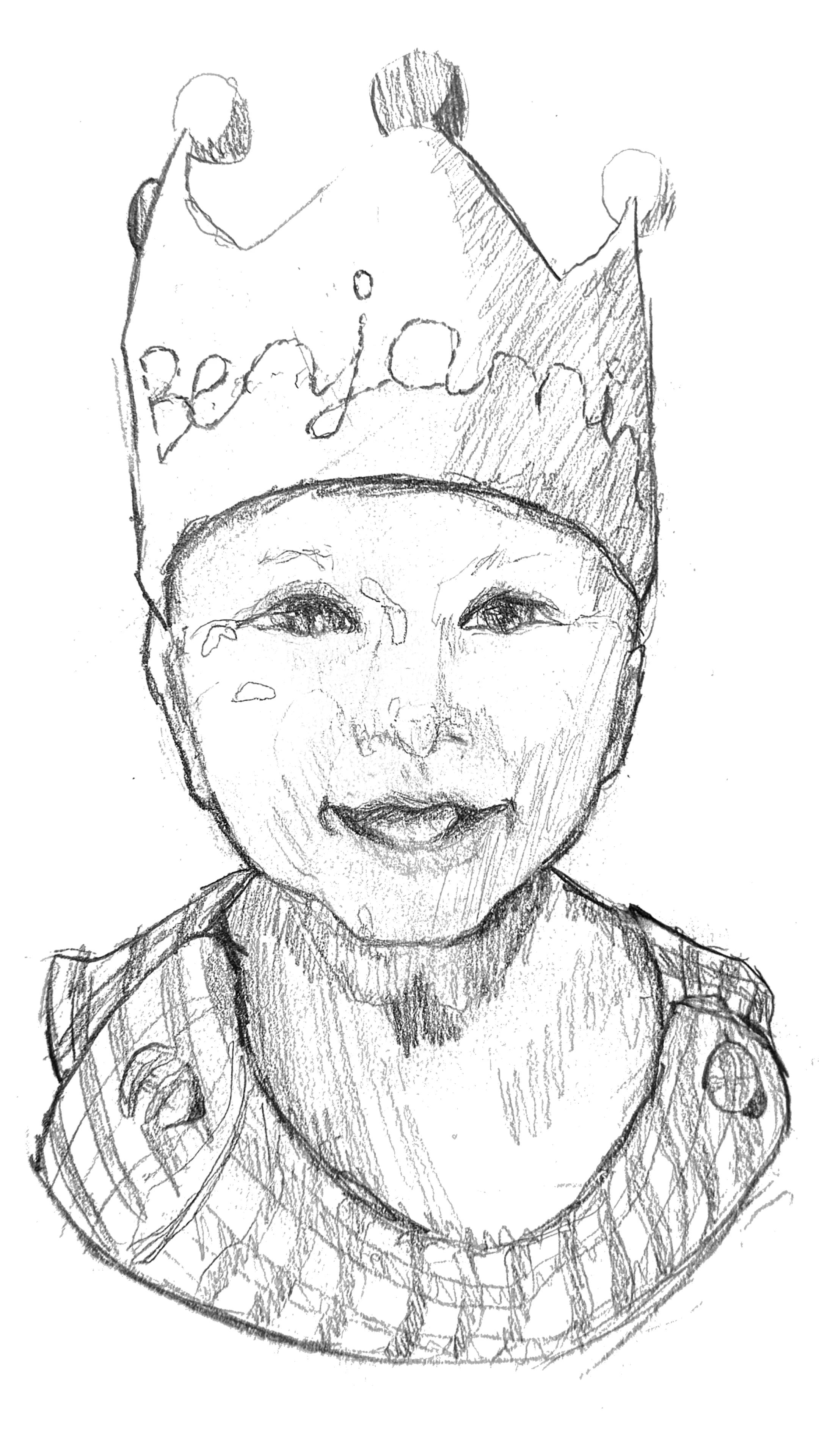 Pencil sketch of a smiling child wearing a crown with pom-poms and the name Benjamin written on it. The child wears a plaid-patterned top.